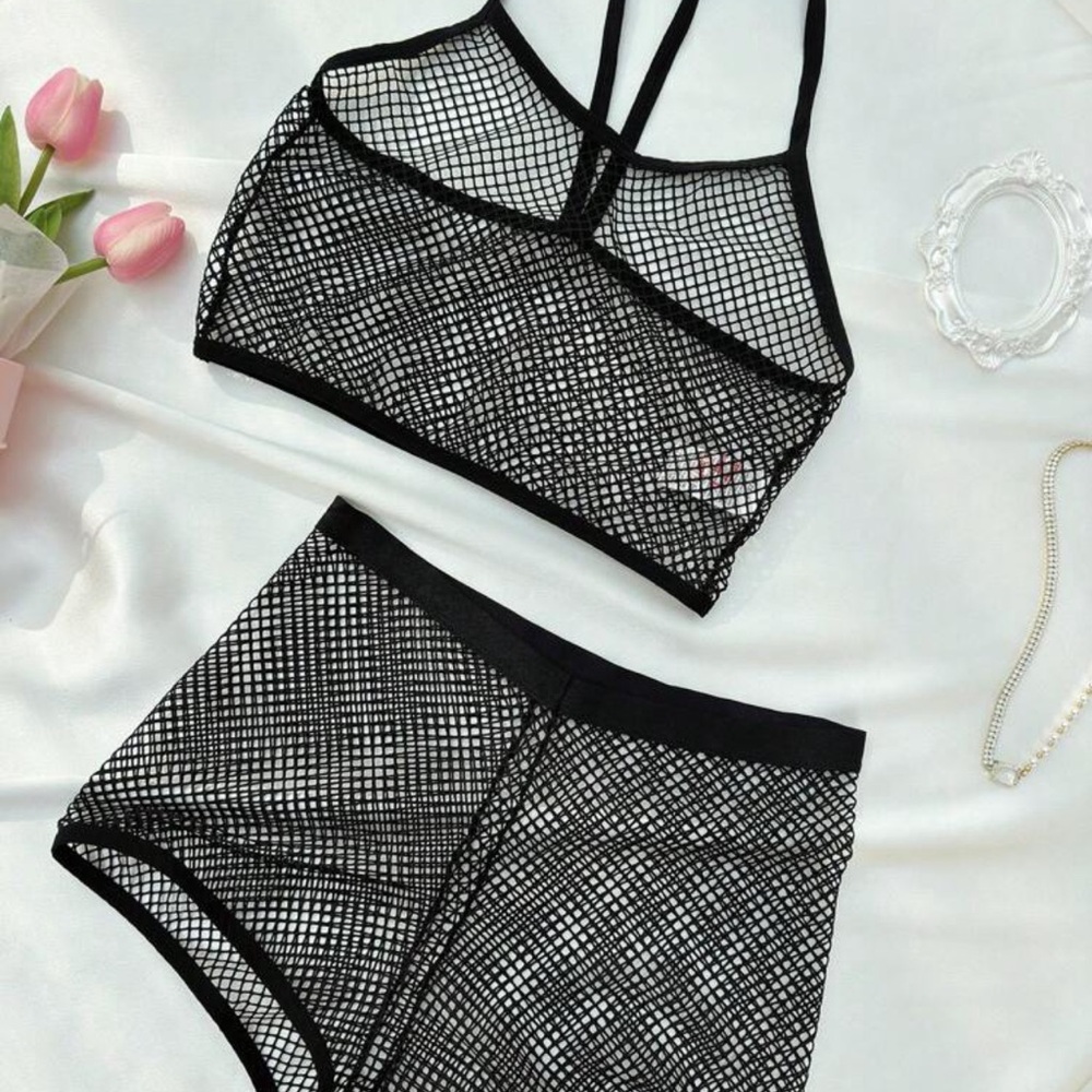 Small, sexy, two-piece top and shorts mesh fishnet look